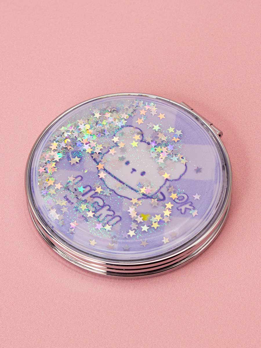 Зеркало косметическое Мишка Luck! с блестками складное круглое фиолетовое