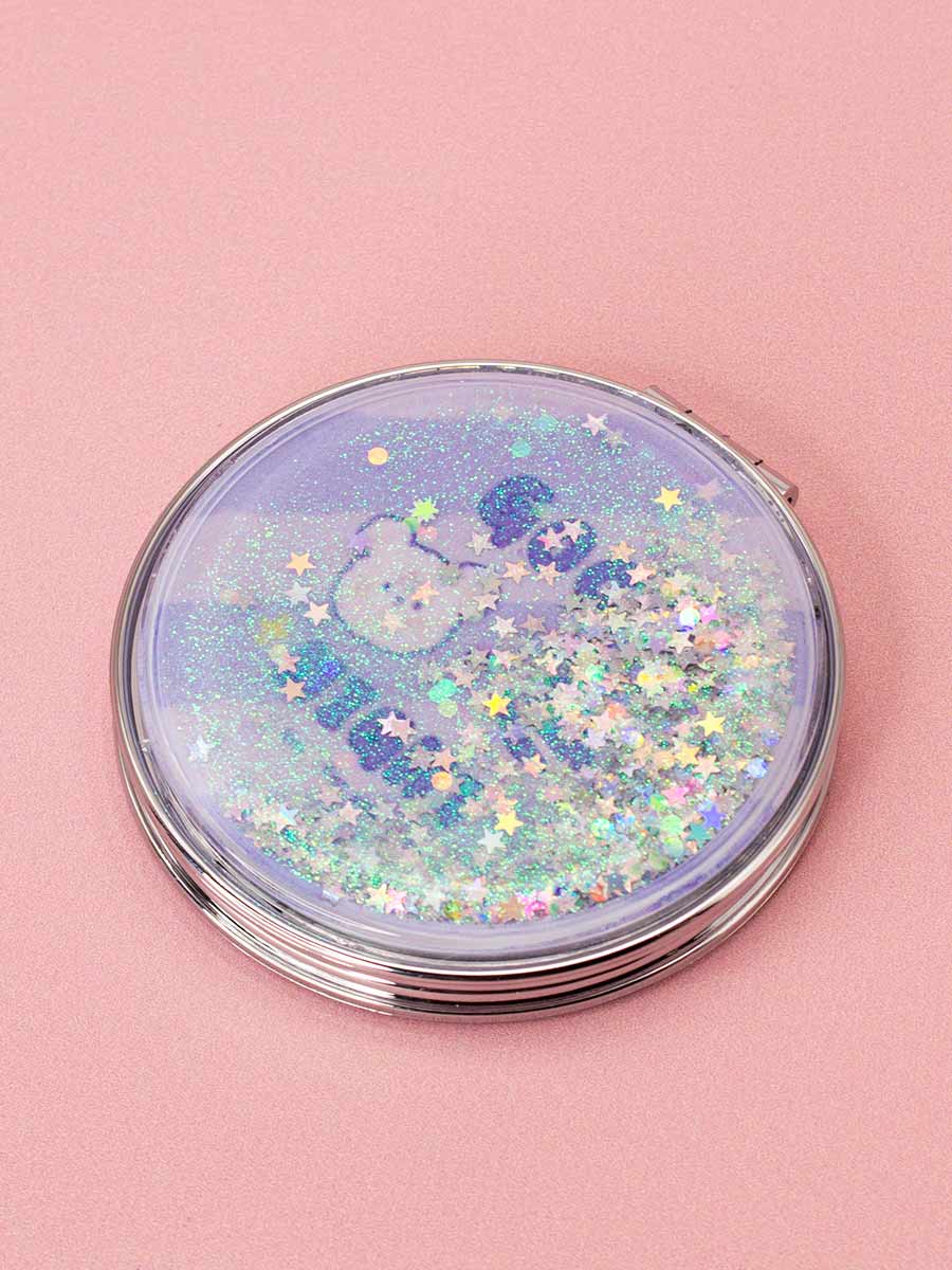 Зеркало косметическое Мишка Good Night с блестками складное круглое фиолетовое