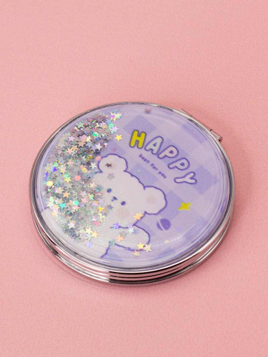 Зеркало косметическое Мишка Happy с блестками складное круглое фиолетовое