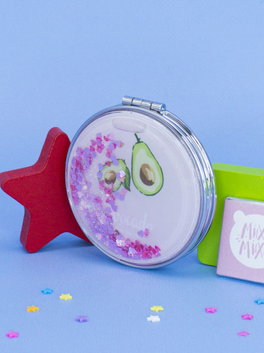 Зеркало косметическое Авокадо складное круглое с блестками розовое