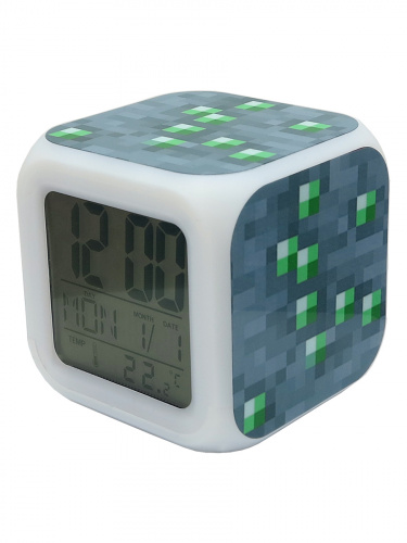 Часы-будильник Блок изумрудной руды пиксельные с подсветкой
