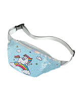 Сумочка поясная с пайетками Единорог бегущий по радуге голубая