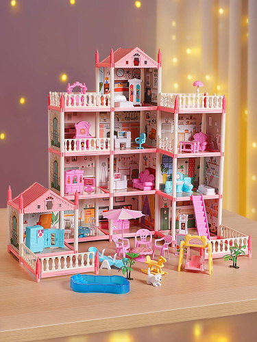 Кукольный домик с подсветкой 11 комнат розовый