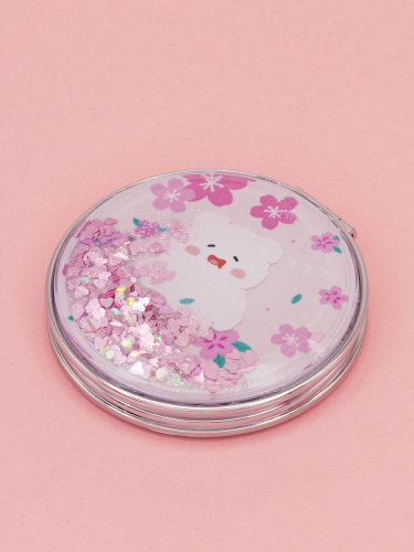 Зеркало косметическое Мишка Lovely Bear joyful с блестками складное круглое розовое