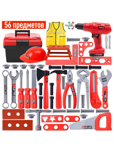 Набор инструментов Маленький строитель, 56 предметов + набор наклеек 4 листа