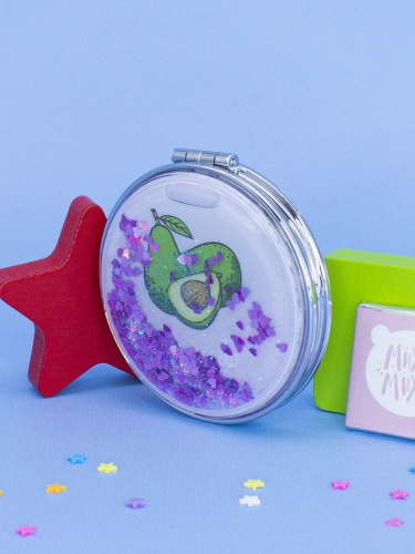 Зеркало косметическое Авокадо складное круглое с блестками фиолетовое